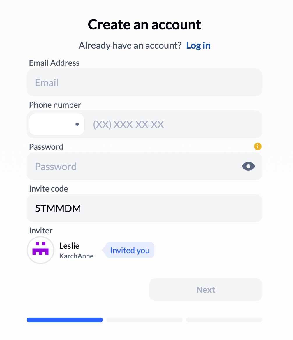 Aurum sign-up form showing invite code 5TMMDM and Leslie KarchAnne as inviter with invite code 5TMMDM